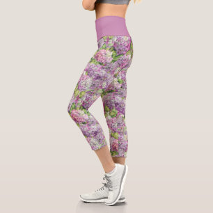 Chic Floral Pink Lavender Hydrangea Pattern Capri Leggings