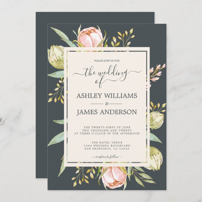 Chic Floral Pink Peony Botanical Off-black Wedding Invitation (Front/Back)