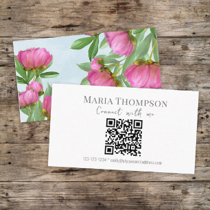 Chic Floral Pink Peony Professional QR Code Business Card