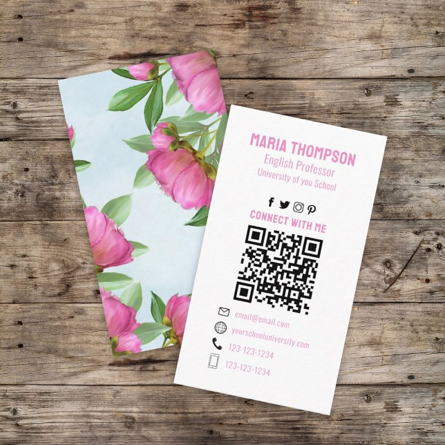 Chic Floral Pink Peony Professional QR Code Simple Business Card (Creator Uploaded)