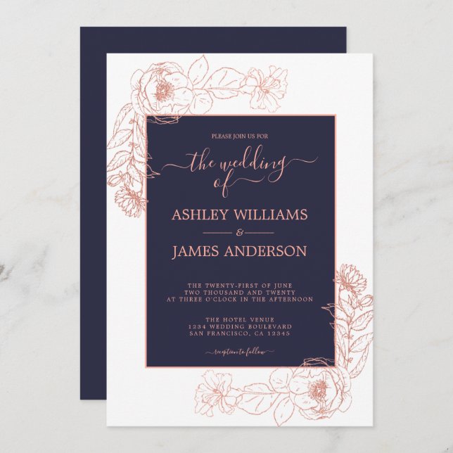 Chic Floral Pink Rose Gold Dark Blue Wedding Invitation (Front/Back)