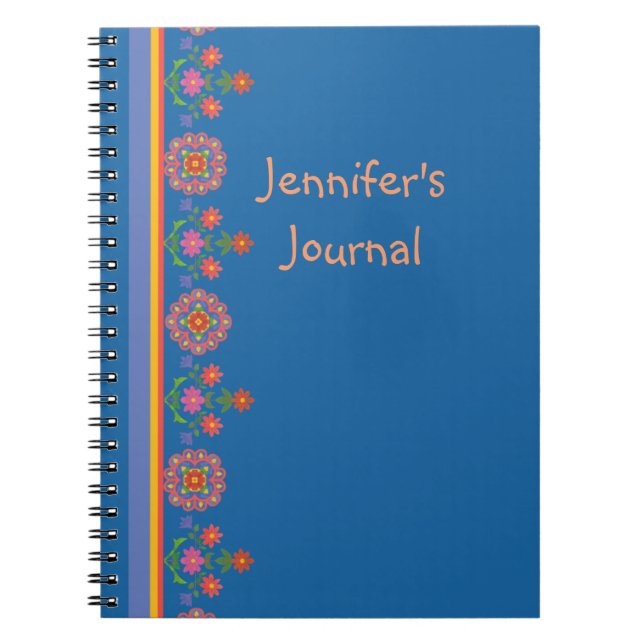 Chic Floral Rangoli Border on Blue Spiral Notebook (Front)