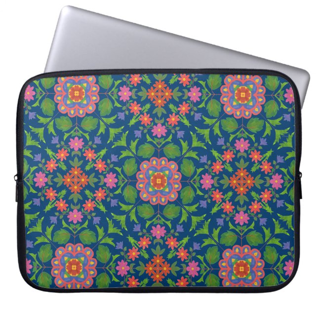 Chic Floral Rangoli on Deep Blue Laptop Sleeve (Front)