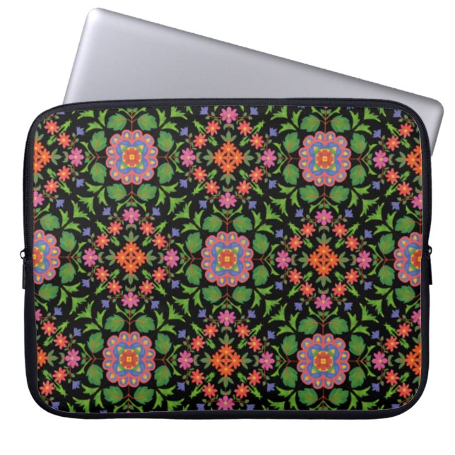 Chic Floral Rangoli Pattern on Black Laptop Sleeve (Front)