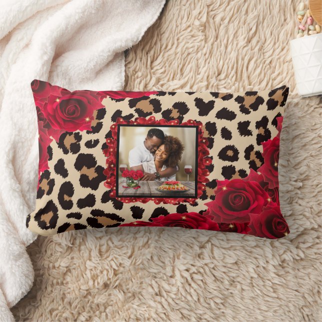 Chic Floral Red Rose Leopard Print Your Photo Lumbar Cushion (Blanket)