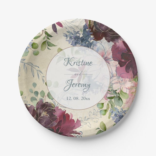 Chic Floral Red Rose Watercolor Gold Paper Plate (Front)