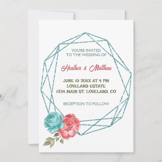 Chic Floral Romantic Blue Frame Wedding Invitation (Front)
