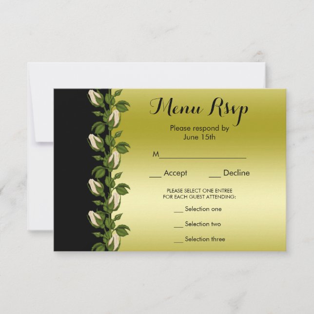 Chic Floral Romantic Gold & Black Menu RSVP (Front)