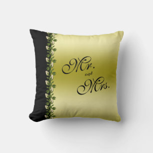 Chic Floral Romantic Gold & Black Mr & Mrs Cushion