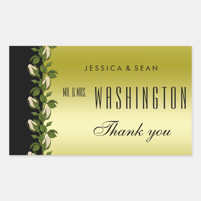 Chic Floral Romantic Gold & Black Thank You Rectangular Sticker (Front)