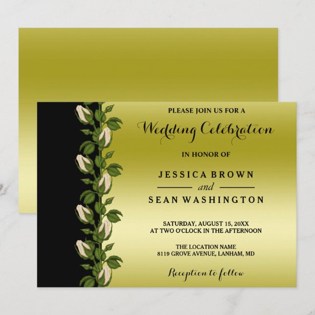 Chic Floral, Romantic Gold & Black Wedding Invitation (Front/Back)