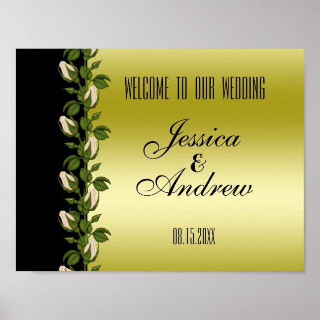Chic Floral Romantic Gold & Black Wedding Poster (Front)