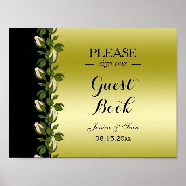 Chic Floral Romantic Gold & Black Wedding Poster (Front)
