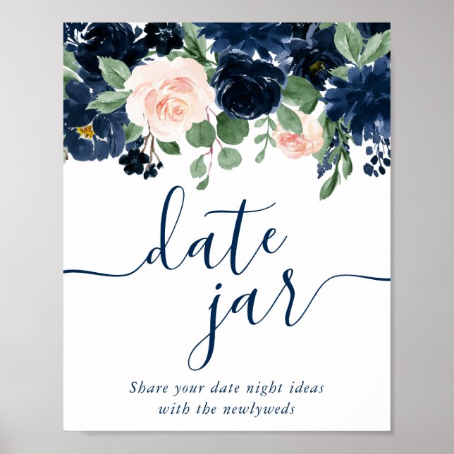 Chic Floral | Romantic Navy Blue Blush Date Jar Poster (Front)
