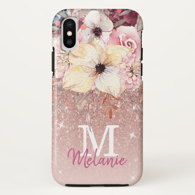 Chic Floral Rose Gold Glitter iPhone X Case (Back)