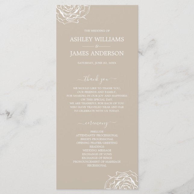 Chic Floral Rose Grey Simple Minimal Wedding Programme (Front)