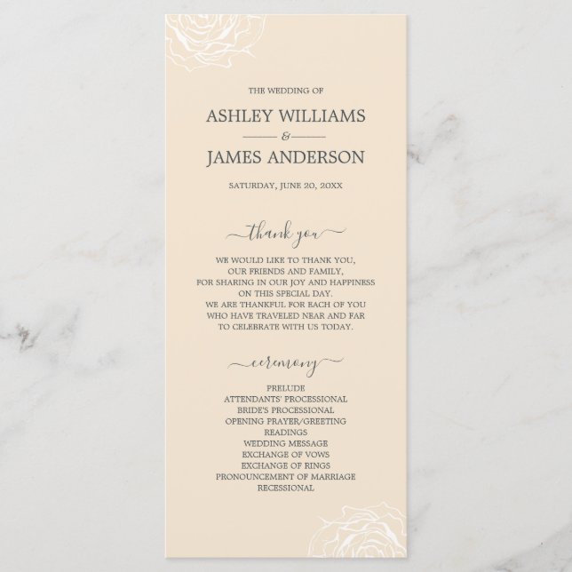 Chic Floral Rose Ivory Simple Minimal Wedding Programme (Front)