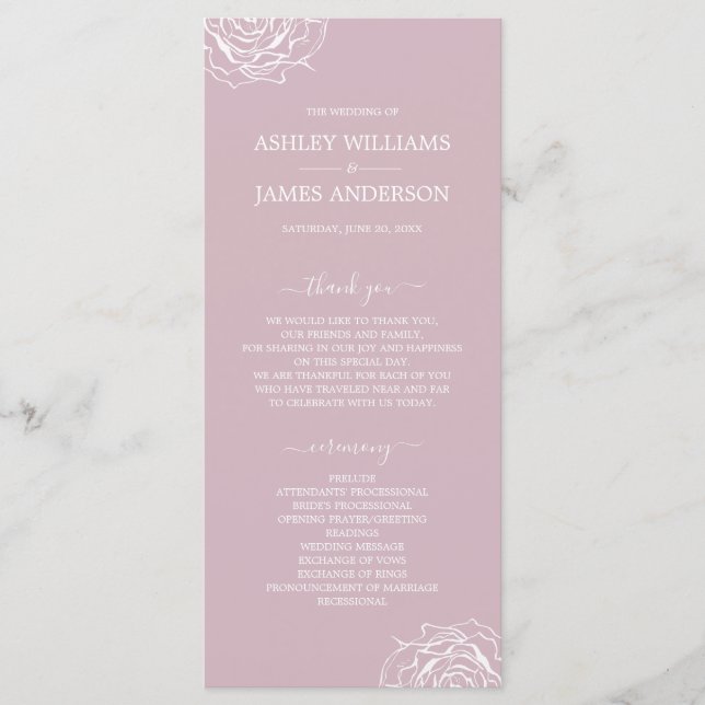 Chic Floral Rose Purple Simple Minimal Wedding Programme (Front)