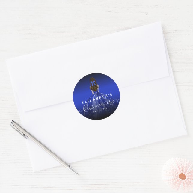 Chic Floral Royal Blue Dress Birthday Quinceanera Classic Round Sticker (Envelope)