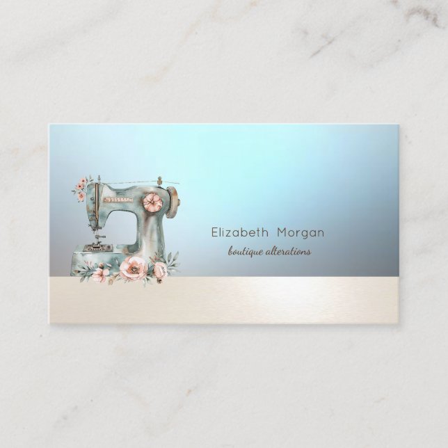 Chic Floral Sewing Machine Blue Business Card (Front)