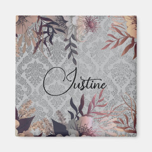 Chic Floral Silver Damask Personalised   Magnet