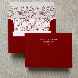 Chic Floral Sketch Text Deep Red Wedding Envelope