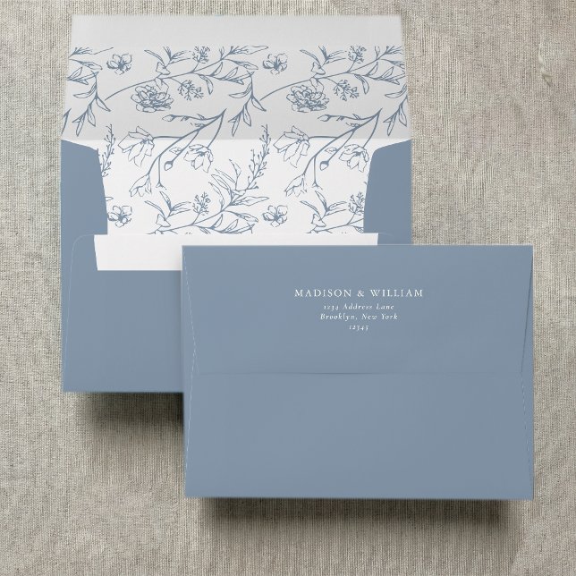 Chic Floral Sketch Text Dusty Blue Wedding Envelope (Creator Uploaded)