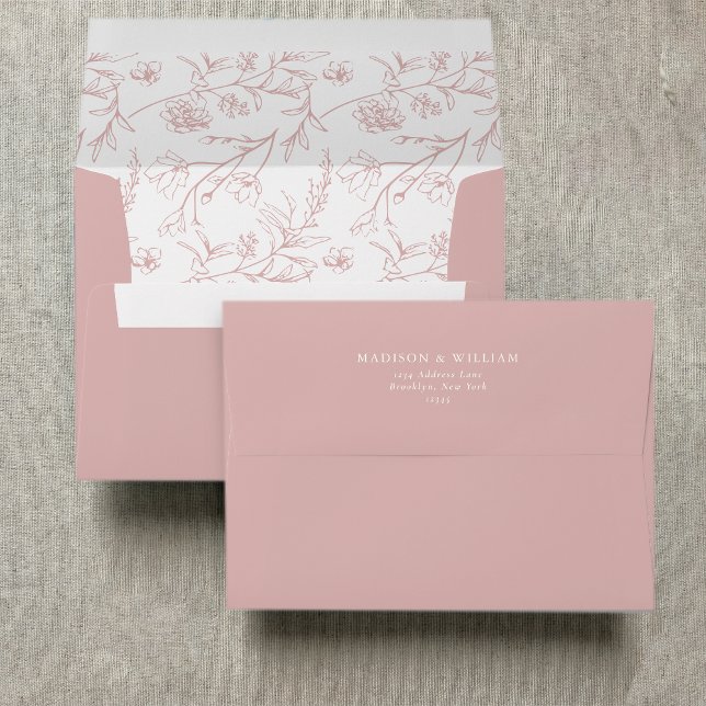 Chic Floral Sketch Text Dusty Pink Wedding Envelope (Creator Uploaded)