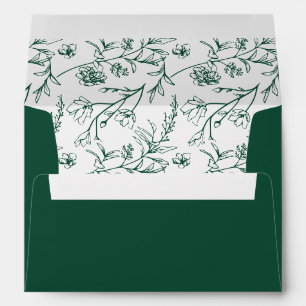 Chic Floral Sketch Text Forest Green Wedding Envelope