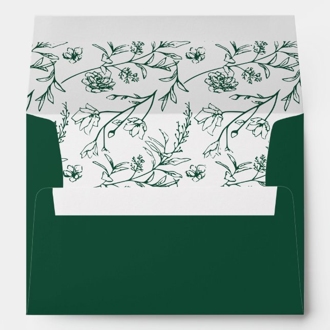Chic Floral Sketch Text Forest Green Wedding Envelope (Back (Bottom))