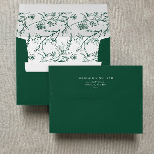 Chic Floral Sketch Text Forest Green Wedding Envelope