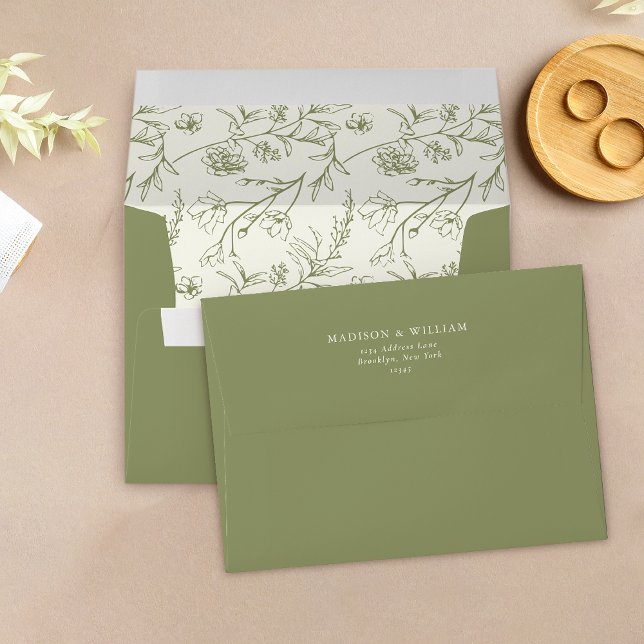 Chic Floral Sketch Text Moss Green Wedding Envelope (Creator Uploaded)
