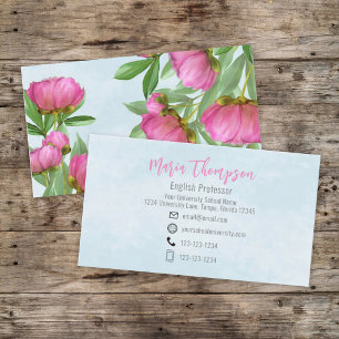 Chic Floral Stylish Pink Peony Professional Blue Business Card