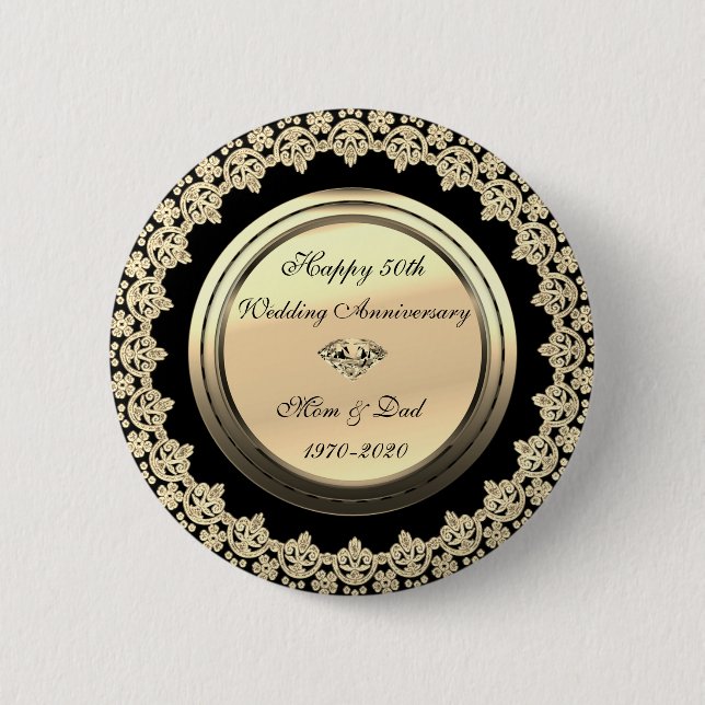 Chic Floral Swirls Black 50th Wedding Anniversary 6 Cm Round Badge (Front)