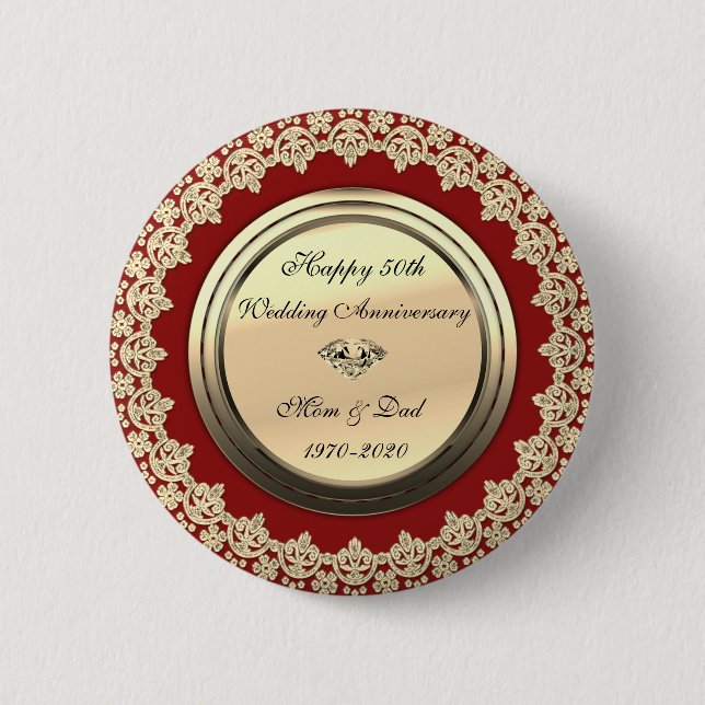 Chic Floral Swirls Red 50th Wedding Anniversary 6 Cm Round Badge (Front)