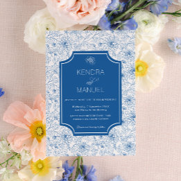 Chic Floral Toile French Blue Wedding Invitation