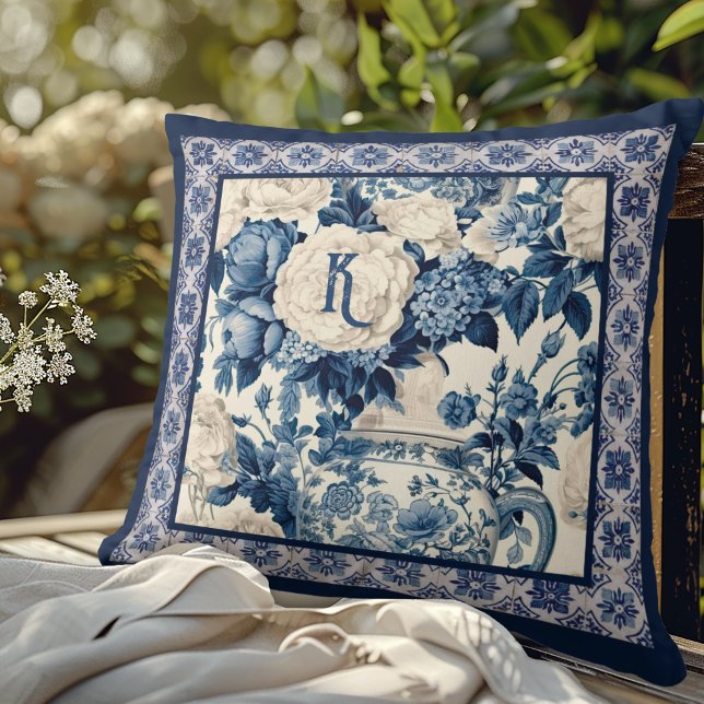 Chic floral vase Blue chinoiserie toile  monogram Cushion (Creator Uploaded)