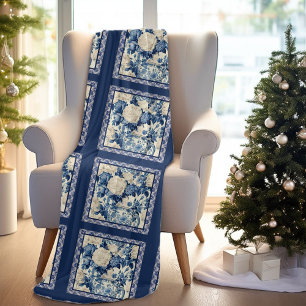 Chic floral vase Blue chinoiserie toile  monogram Fleece Blanket