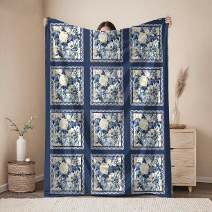 Chic floral vase Blue chinoiserie toile  monogram Fleece Blanket