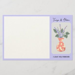 Chic floral vase illustration with lavender  stationery