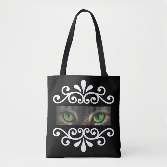 Chic floral vector cat eyes custom photo on black tote bag (Front)