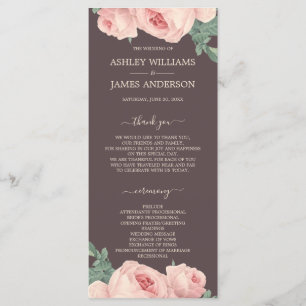 Chic Floral Vintage Pink Rose Burgundy Wedding Programme