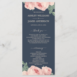Chic Floral Vintage Pink Rose Dark Blue Wedding Programme