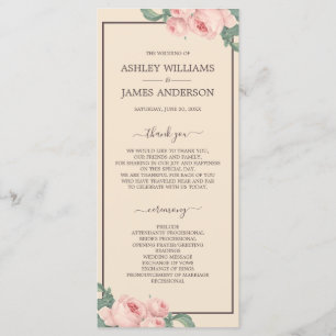 Chic Floral Vintage Pink Rose Ivory Wedding Programme