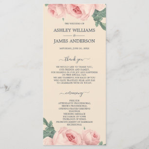 Chic Floral Vintage Pink Rose Off-white Wedding Programme