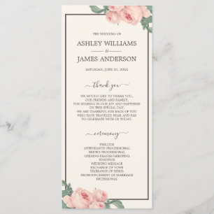 Chic Floral Vintage Pink Rose Off-white Wedding Programme