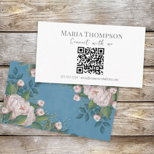 Chic Floral Vintage Pink Rose Professional QR Code Business Card