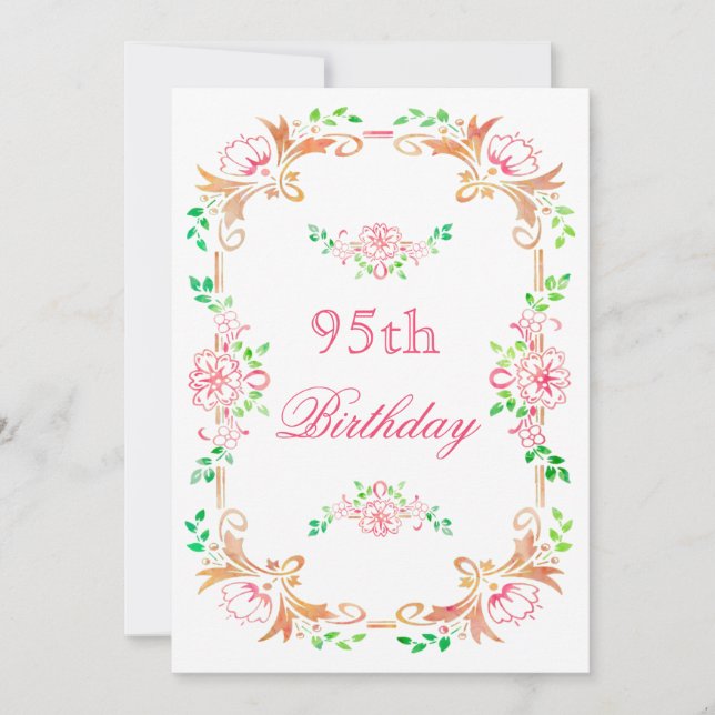 Chic Floral Watercolor 95th Birthday Double Sided Invitation (Front)
