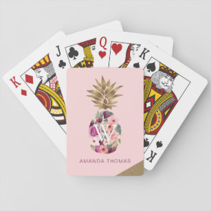 Chic Floral Watercolor Golden Pineapple Pink Playing Cards