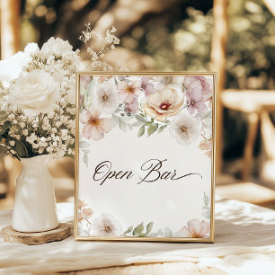 Chic Floral Watercolor Open Bar Bridal Shower Pedestal Sign